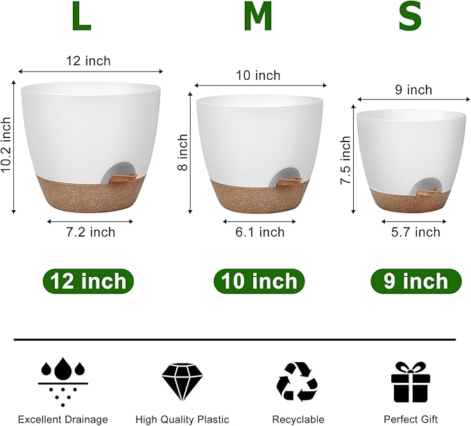 Plant Pots 12/10/9 Inch Self Watering Pots, Set of 3 Plastic Planters with Drainage Holes and Saucers,Plastic Flower Pots,Nursery Planting Pot for Indoor Out Door Plants(White)-Ruum Studio Home