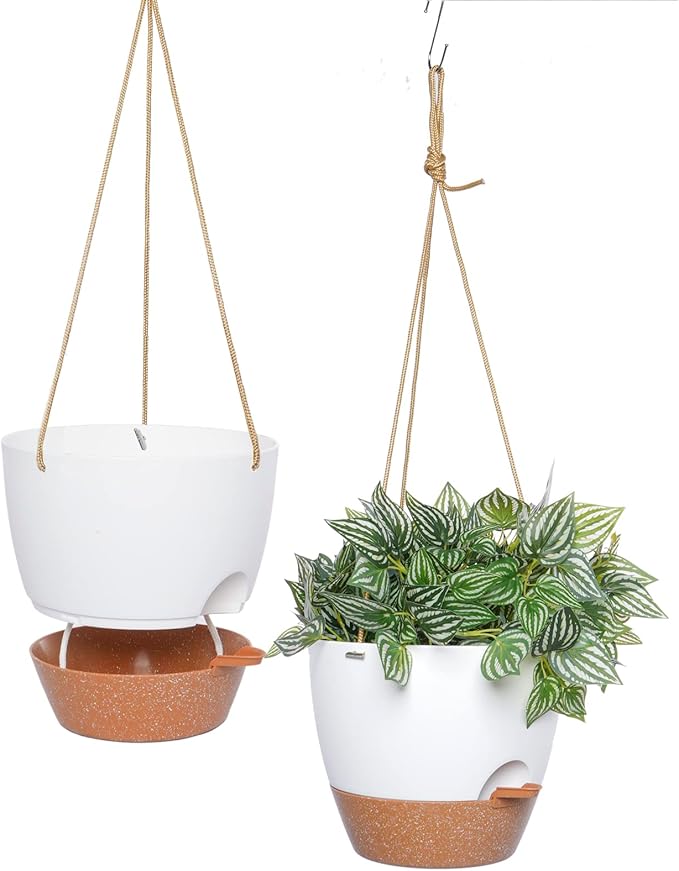 10 Inch Self Watering Hanging Pots, 2 Pack Hanging Planters with 40oZ Deep Reservior for Indoor Outdoor Plants Flowers, White with Brown-Ruum Studio Home