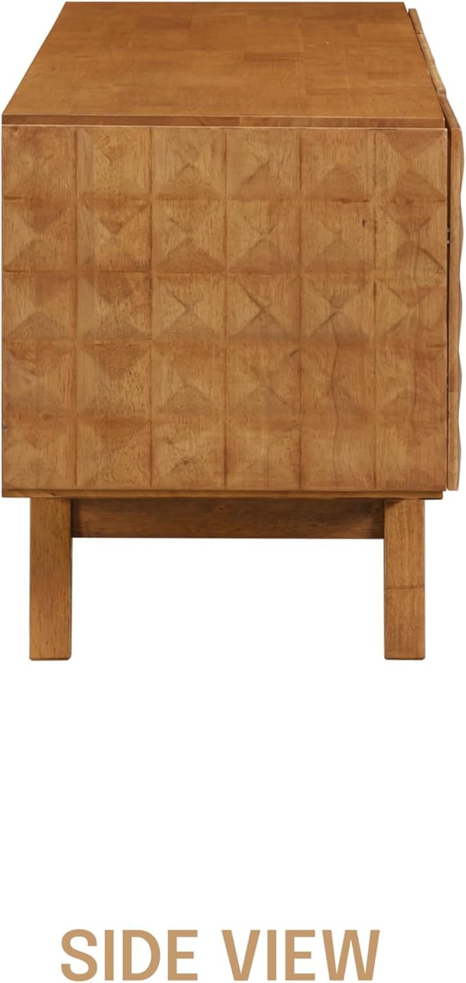 NTC Sapa Mid-Century Modern Solid Wood TV Stand 4-Door Media Console with Carved Geometric Fronts for TVs up to 75", Effortless Assembly, Teak Look-Ruum Studio Home