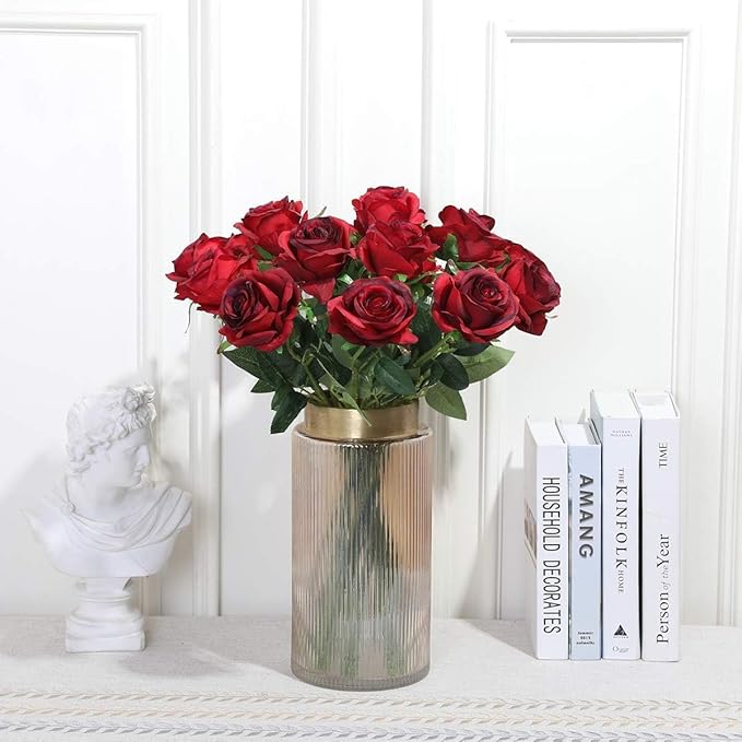 Burgundy Fake Roses Artificial Flowers - 10 Pcs Fake Artificial Roses Silk Flowers with Stems for Home Wedding Hotel Office Centerpiece Decor（Burgundy）-Ruum Studio Home