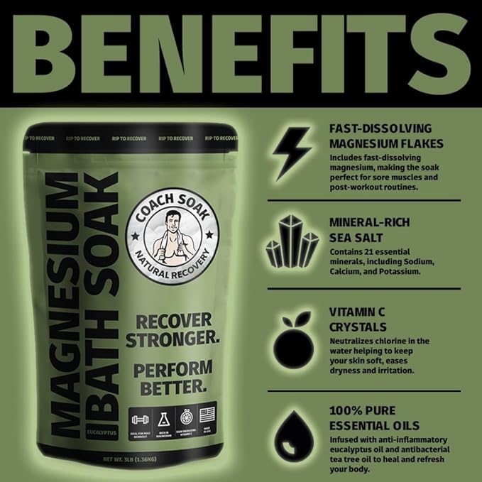 Coach Soak: Recovery Bath Soak – Rejuvenating Post Workout Natural Magnesium Flakes - 21 Minerals, Essential Oils & Dead Sea Bath Salts - Absorbs Faster Than Epsom Salts, 3lbs (Eucalyptus Tea Tree)-Ruum Studio Home
