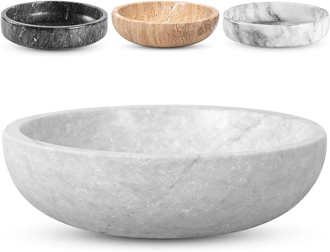 Travertine Decorative Bowl - 7.8” Diameter & 2” Height - Key Bowl for Entryway Table - Organic Modern Centerpiece - White/Gray-Ruum Studio Home