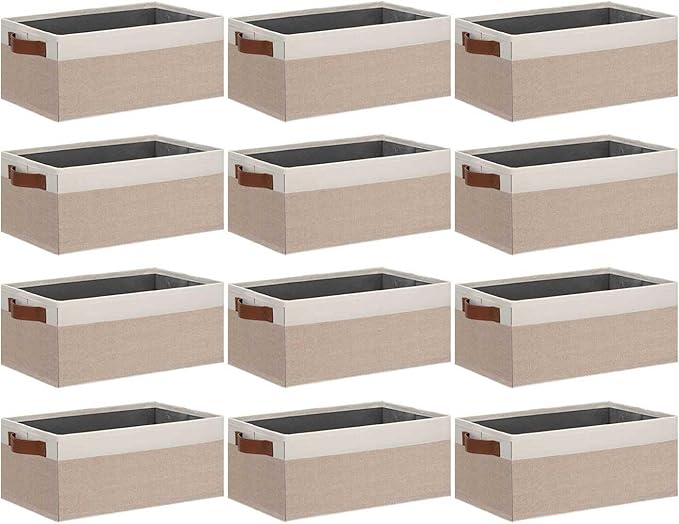 GhvyenntteS Small Fabric Storage Bins 12 Pack, 11.8" x 7.87" x 5.11" Storage Basket with Leather Handles, Closet Storage Bins for Shelves, Storage Baskets for Shelves, DVD Storage (Pink/White)-Ruum Studio Home