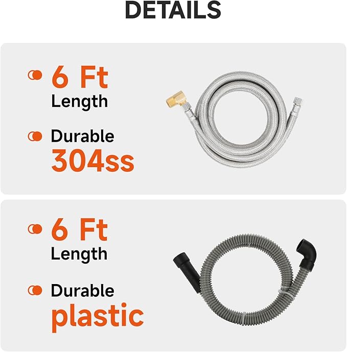 Roastove Universal Dishwasher Installation Kit,6 Ft Stainless Steel Dishwasher Hose,Burst Proof Water Supply Line with 3/8" Compression Connections,With a 6 feet drain hose and a clamp, one set-Ruum Studio Home