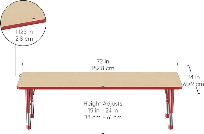 Factory Direct Partners FDP Rectangle Activity School and Classroom Kids Table (24 x 72 inch), Chunky Toddler Legs, Adjustable Table Height 15-24 inches - Maple Top and Red Edge-Ruum Studio Home
