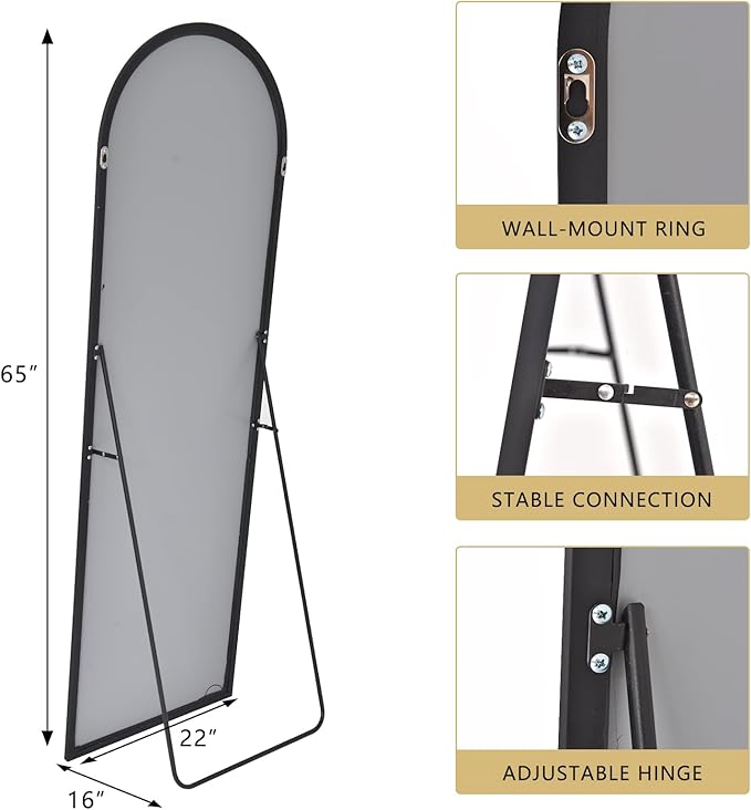 BEAUTYPEAK 64"x21" Arch Full Length Mirror, Hanging or Leaning Arched-Top Full Body Mirror with Stand for Bedroom, Dressing Room, Black-Ruum Studio Home