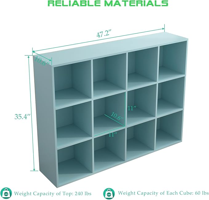 12-Cube Storage Shelf Bookcase - Wooden 3-Tier Floor Standing Open Bookshelf for Home and Office, Display Cabinet, Light Blue-Ruum Studio Home