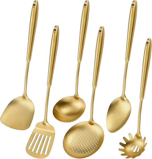 304 Stainless Steel Cooking Utensils,6 Pcs Kitchen Cooking Utensils Set with Spatula, Solid Spoon, Ladle, Skimmer, Spaghetti Spoon,Dishwasher Safe(Gold)-Ruum Studio Home