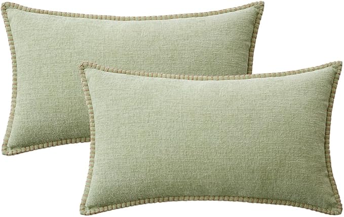 MIULEE Pack of 2 Couch Throw Pillow Covers 12x20 Inch Light Green Farmhouse Decorative Pillow Covers with Stitched Edge Soft Chenille Solid Dyed Spring Pillow Covers for Sofa Bed Living Room-Ruum Studio Home