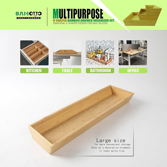 V-Shaped Bamboo Drawer Organizer Set of 3, Kitchen Large and Long Utensil Plate, Flatware & Silverware Storage Box, Wood Drawer Organizer for Bedroom, Living Room (19.6"x5.7" & 7.8" & 12.4")-Ruum Studio Home