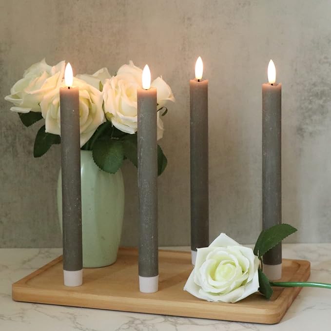 GenSwin Flameless Grey Taper Candles Flickering with 10-Key Remote, Battery Operated Led Warm 3D Wick Light Window Candles Real Wax Pack of 6, Christmas Home Wedding Decor(0.78 X 9.64 Inch)-Ruum Studio Home