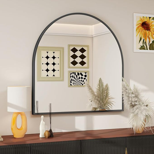 BEAUTYPEAK 31"x32" Arch Bathroom Mirror, Wall Mounted Vanity Metal Frame Mirror for Bedroom, Entryway, Living Room, Black-Ruum Studio Home