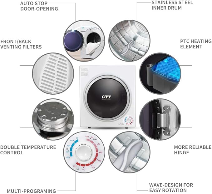 CTT 3.5 Cu. Ft. Clothes Dryer, 1500W Electric Dryers for Clothes, 110V Electric Clothes Dryer with Stainless Steel Drumble for 13.2 lbs. with 4 Automatic Drying Modes (White)-Ruum Studio Home