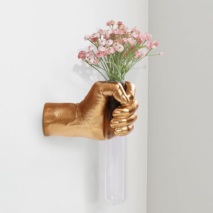 Gold Wall Sculptures, Hand Vases Home Decor, Wall Mount Art Sculpture, Unique Wall Art Statue, Funky Flower Vase Decorations, Modern Eclectic Hanging Decor,Glass Test Tube Vase-Ruum Studio Home