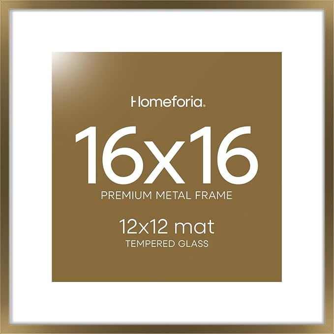 Homeforia 16x16 Picture Bronze Frame, High End Metal 16 x 16 Square Poster Frame with Mat 12 x 12 Photo, 16x16 Brass Frame Matted to 12x12 Print, 16by16 Thin Frames, Tempered Glass, Wall Kit, Set of 1-Ruum Studio Home
