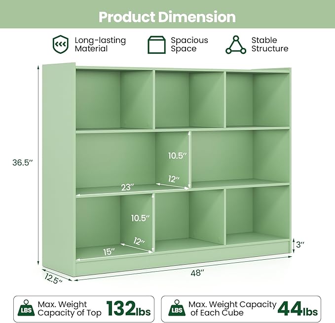 Tangkula 8-Cube Bookcase, Wood 3 Tier Open Storage Bookshelf, Modern Multipurpose Display Cabinet for Living Room, Study, Reading Nook, 48 x 12.5 x 36.5 Inch (Green)-Ruum Studio Home