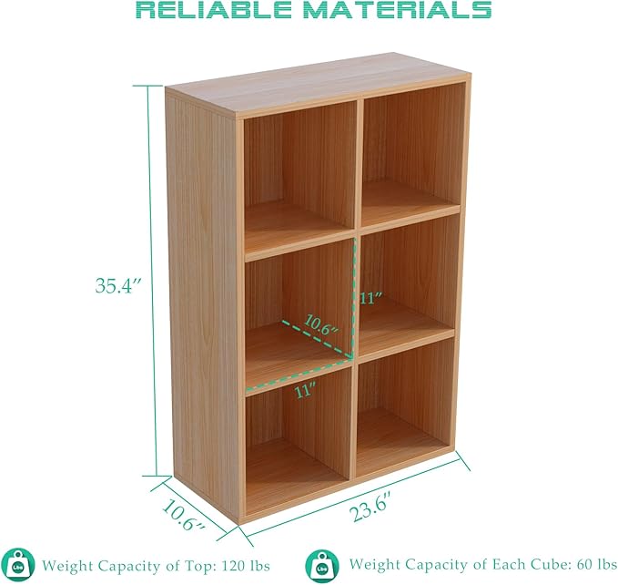 6-Cube Storage Shelf Bookcase - Wooden 3-Tier Floor Standing Open Bookshelf for Home and Office, Display Cabinet, Oak-Ruum Studio Home