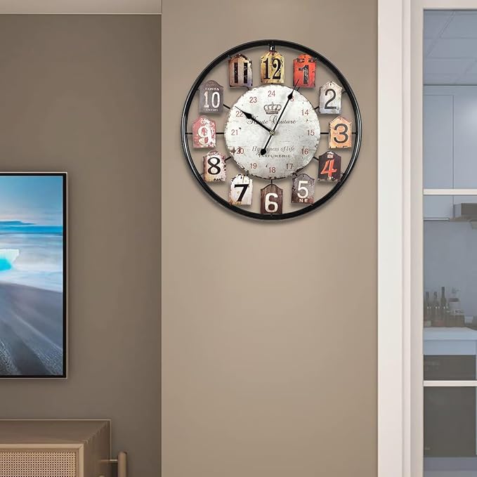 Large Wall Clock Separate Retro Dial Decorative Silent Non Ticking 20 Inch Big Vintage Farmhouse Clocks for Living Room,Black Metal Frame-Ruum Studio Home