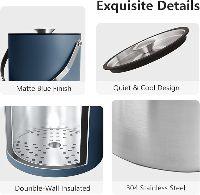 3L Ice Bucket with Silicone Lid, Scoop, Tongs & Strainer, Stainless Steel Double Wall Insulated Ice Buckets for Parties & Cocktail Bar, Outdoor Champagne Ice Container Bin, Navy-Ruum Studio Home