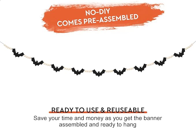 Halloween Decorations Garland, Felt Bats Halloween Decor Banner with Wood Beads for Fireplace Mantel Walls Home Indoor-Ruum Studio Home