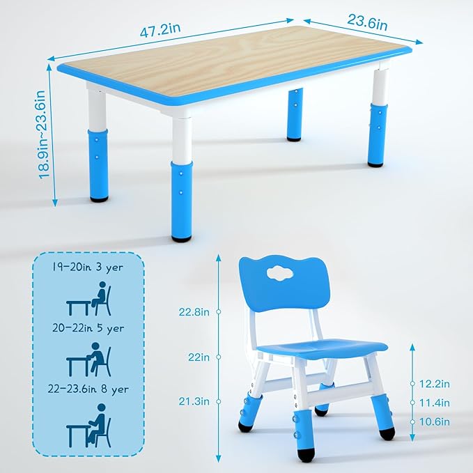 Kids Study Table and 6 Chairs Set,Height Adjustable Table and Chairs for Children and Toddlers,47.2"X23.6"Graffiti Desktop,Suitable for Daycare,Classrooms, Home-Ruum Studio Home