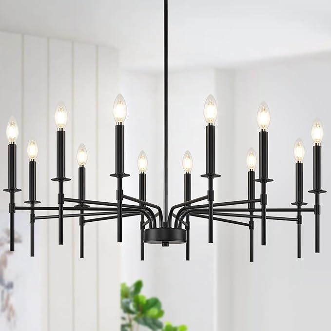 12 Light Black Chandelier Light Fixture, Modern Farmhouse Chandeliers for Dining Room Light Fixture, Metal Candle Pendant Chandelier for Foyer Entryway Stairs Living Room Bedroom Kitchen-Ruum Studio Home