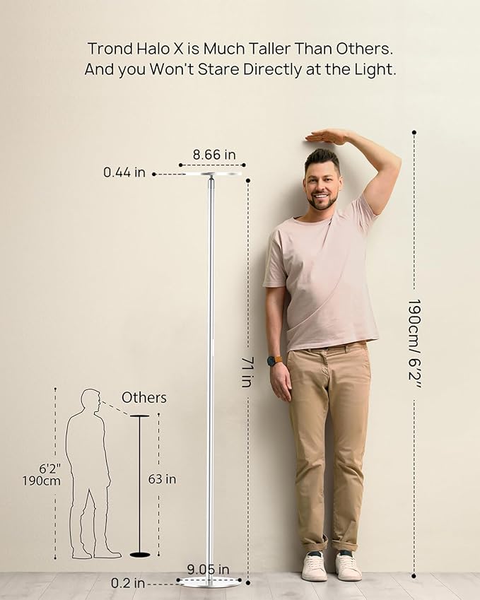 TROND Floor Lamp, 5000LM Super Bright Sky LED Modern Torchiere Standing Lamp, 3000K Warm White with 5-Level Dimmable, 71 in Tall Pole Light, 30-Minute Timer, Modular Rod, Wall Switch Compatible-Ruum Studio Home