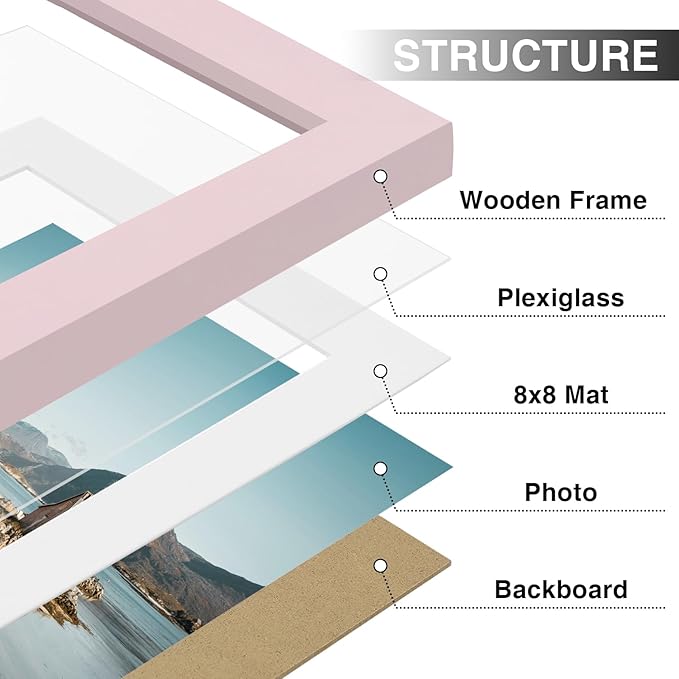 Vittanly 12x12 Picture Frame Set of 9 - Display 8x8 Photos with Mat or 12x12 Without Mat, Wall Mount Frames for Home Decor, Horizontal or Vertical (Pink)-Ruum Studio Home