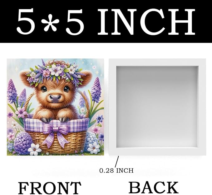 Highland Cow Hyacinth Flowers Decor, Highland Cow Bathroom Decor, Highland Cow Baby Decor, Highland Cow Nursery Decor, Wooden Box Decor Sign for Home Farmhouse Office Living Room Table Shelf Tiered-Ruum Studio Home