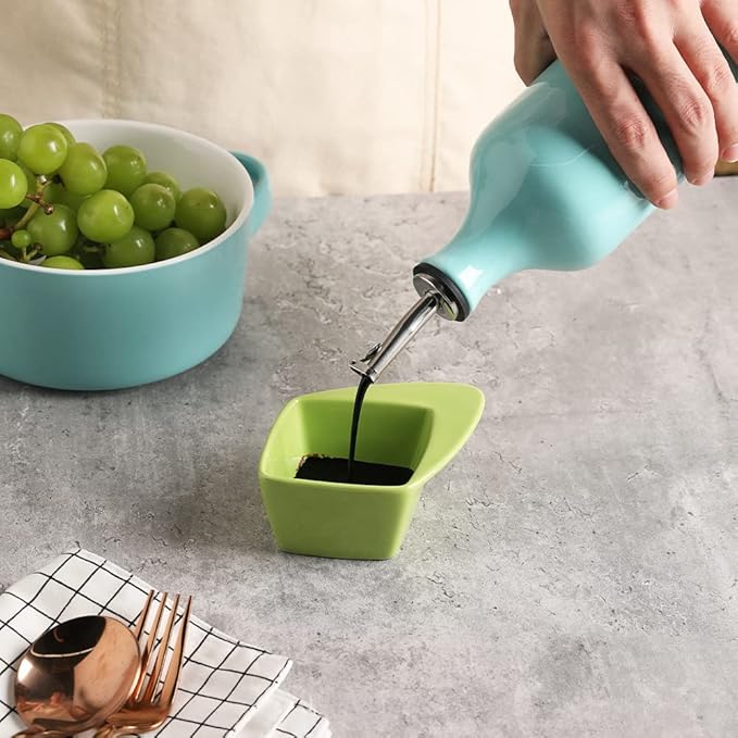 Sweejar Ceramic Olive Oil Dispenser Bottle, 20 Oz Relief Design EVOO Oil and Vinegar Dispensing Bottle with Spout for Kitchen, Set of 1 (Turquoise)-Ruum Studio Home