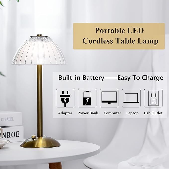 Liliful 1 Pcs LED Portable Cordless Table Lamp Touch Battery Operated Rechargeable Desk Lamp 3 Color Dimmable for Bedroom Living Room Dining (Mushroom Style,Gold)-Ruum Studio Home