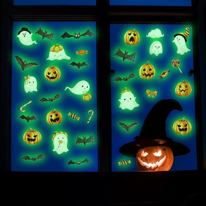 clothmile 3 Sheets Glow in The Dark Halloween Window Clings Luminous Halloween Window Stickers Removable Pumpkin Ghost Bat Wall Decor Glowing Window Clings for Scary Halloween Theme Party Decorations-Ruum Studio Home