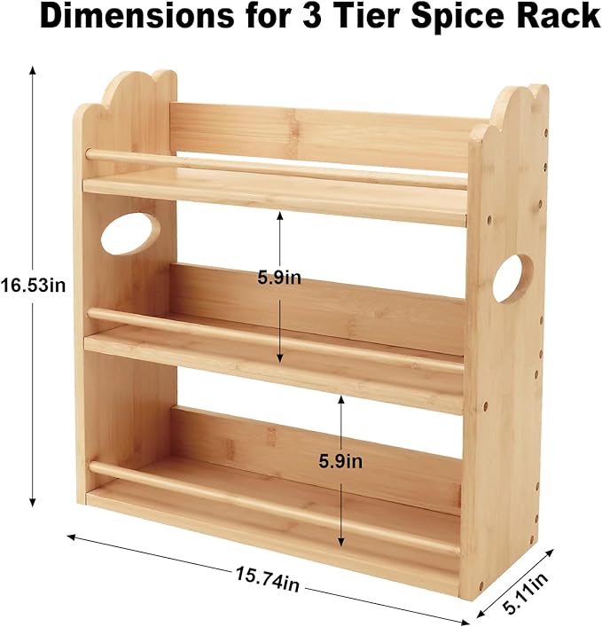 3 Tier Bamboo Spice Rack, Spice Rack Organizer, Seasoning Jars Rack Shelf Spice Organizer for Kitchen Counter or Wall Mounting, Bamboo Spice Storage Holder with handles Easy to Move-Ruum Studio Home