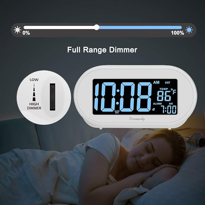 DreamSky Alarm Clocks for Bedrooms, Auto Set Digital Desk Clock for Bedside Nightstand, Electric Clock with Dimmable Brightness Dimmer, Auto DST, USB Port, Date, Temperature, Snooze-Ruum Studio Home