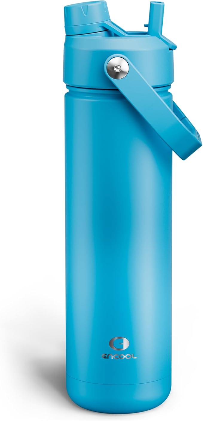 Insulated Water Bottle with Straw - Encool Stainless Steel Water Bottle, Leak-Proof, BPA-Free, Double Wall Vacuum Keeps Cold for 24 Hours for Sports, Travel, School (26 oz, Azure Blue)-Ruum Studio Home