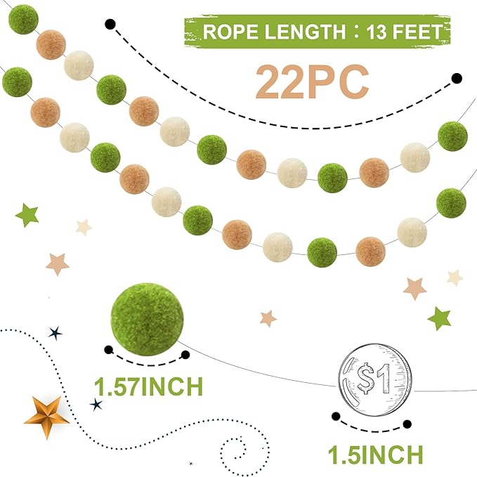 TBD Decor 2pk Pom Pom Garland 13FT Colorful Large Felt Ball Garland Fall Decoration for Mantle,Indoor Holiday Wedding Birthday Party Supplies(Green Brown)-Ruum Studio Home
