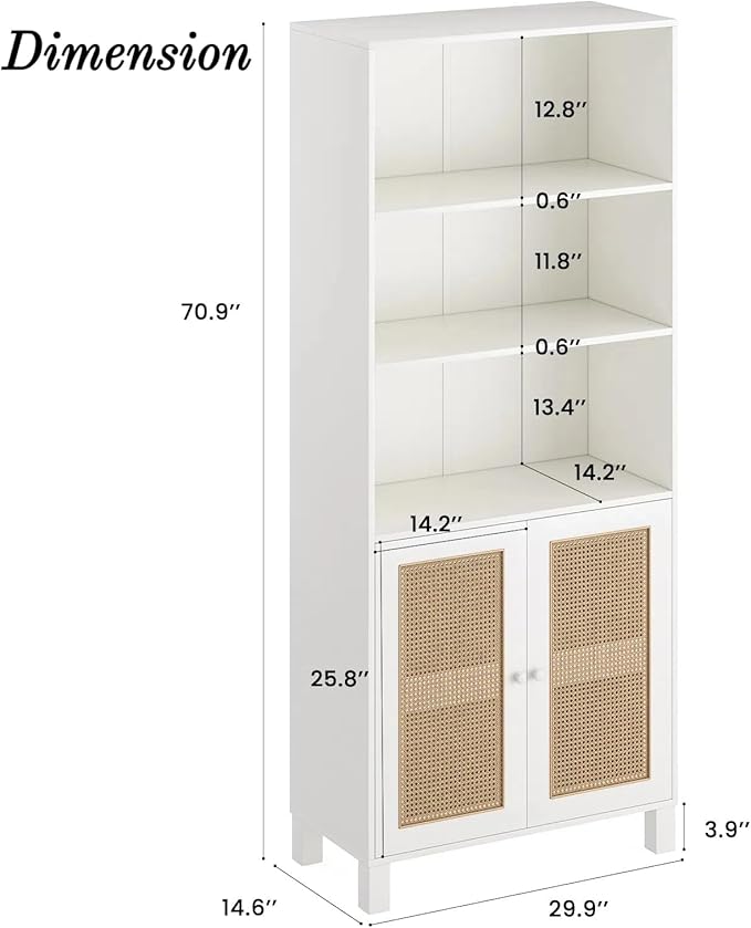 Tall Bookshelf, 5-Tier Book Shelf with 2 Rattan Doors, Freestanding Bookcase Display Shelves with Large Storage, Book Case for Living Room, Office, Study, Bedroom, 70.9 Inch-Ruum Studio Home