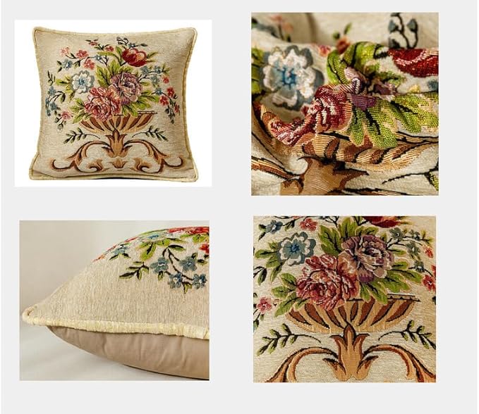 Set of 2 Beige Vintage Throw Pillows Covers 18x18in，Floral Embroidered Cushion Cover for Sofa Bedroom，Euro Sham Covers Retro Home Decor Pillows Covers-Ruum Studio Home