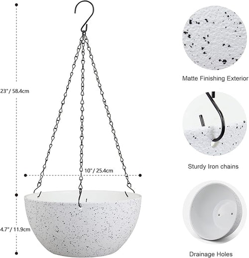 10 inch Hanging Planters for Indoor Outdoor Plants, 2 Pack Hanging Flower Pots with Drainage Holes and Chain for Garden Porch, Plastic Hanging Baskets for House Plants, Speckled White-Ruum Studio Home