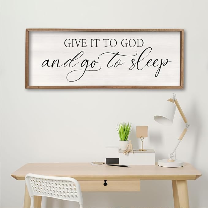 comurdyo Give It To God And Go to Sleep Sign 40''×15'' Master Bedroom Above Bed Wall Decor Wood Framed Couple Large Farmhouse Guest Room Rustic Simple Over Bedside Wall Art Hanging Decor (Wood)-Ruum Studio Home