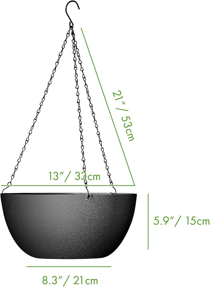 WOUSIWER 13 inch 2Pack Large Hanging Planters for Outdoor Indoor Plants with Drainage Holes and Chain, Round Hanging Flower Pots for Garden Home Porch Decor, Black-Ruum Studio Home