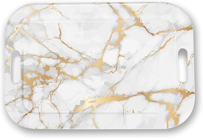 Serving Trays with Handles, 14.5 x 9.8 inch Rectangular Plastic Tray for Restaurant, Kitchen, Golden White Marble-Ruum Studio Home
