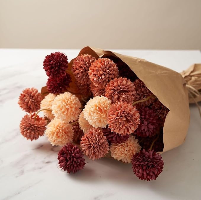Fall Flowers, Burnt Orange Faux Kiku Flowers Artificial 10 Stems + Eucalyptus, Fake Silk Mums Fall Floral Centerpiece, Autumn Decor, Terracotta Mini Balls Faux Stems For Vase, Decoración de Otoño-Ruum Studio Home