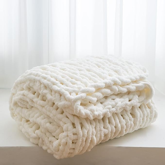 WESHIONGOO Chunky Knit Throw Blanket 50"×60" Knitted Throw Blankets for Couch Bed Fluffy Soft Blanket with Jumbo Chenille Yarn Thick 100% Handmade (Cream White)-Ruum Studio Home