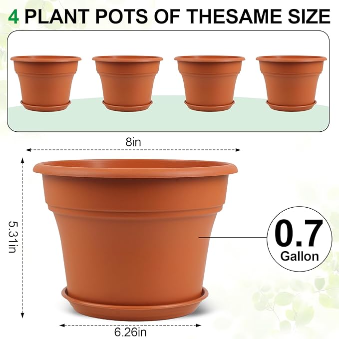 8 Inch Plastic-Flower Pot-for-Indoor Plants, 4 Pack Large Outdoor Planter Pot with Drainage Holes & Saucers, Resin Decorative Garden Pots Planters-Ruum Studio Home