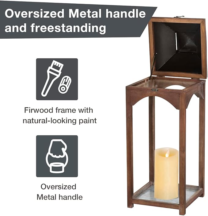 Glitzhome Set of 2 Mondern Farmhouse Wooden Lantern Hanging Decorative Candle Lanterns for Outdoor & Indoor Brown (No Glass)-Ruum Studio Home