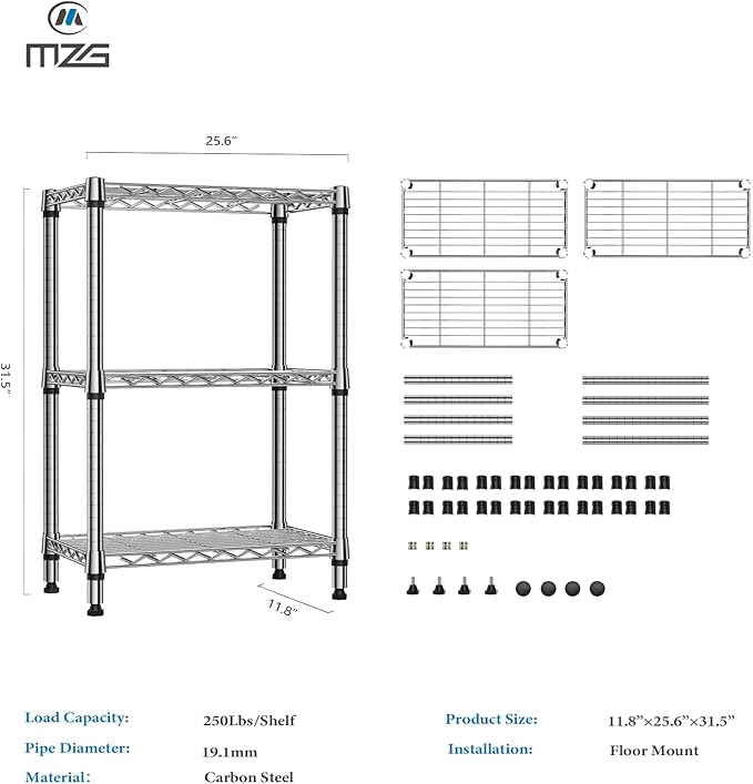 750 lbs 3 Tier Shelf Metal Storage Shelves Wire Rack Closet Organizers for Garage Kitchen Bathroom Laundry Chrome 11.8" D x 25.6" W x 31.5" H-Ruum Studio Home
