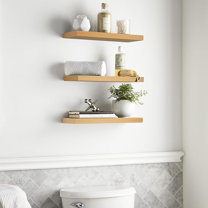 BAYKA Floating Shelves for Wall, Wall Mounted Rustic Wood Shelves for Bathroom, Bedroom, Living Room, Kitchen,Small Hanging Shelf for Books/Storage/Room Decor (Oak-Toned, Set of 3, 15.7in)-Ruum Studio Home