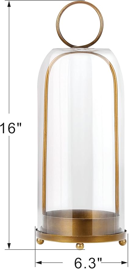 16" High Versatile Modern Metal Hurricane Lantern with Handmade Sturdy Glass Dome for Pillar Candle & Plants (Brass, 6.3"x16.5")-Ruum Studio Home