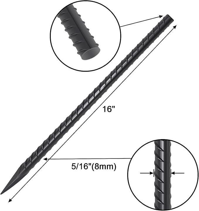 VVOKGO Rebar Stakes 16 Inches Ground Concrete Form Stakes (24pcs), Straight Metal Spikes Heavy Duty with Chisel Point End, 5/16" Diameter Steel Anchors for Fence, Concrete Timber, Garden Plants, Black-Ruum Studio Home